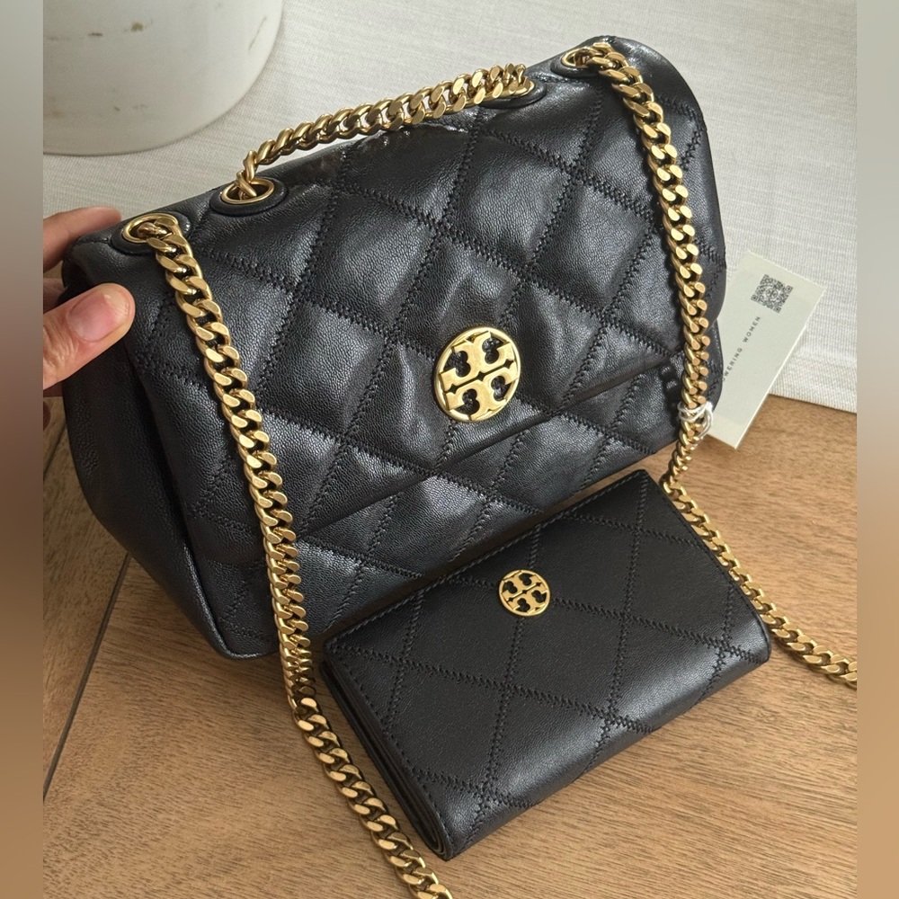 850+! New  Tory Burch Willa Black Diamond Quilted Shoulder Bag & Wallet